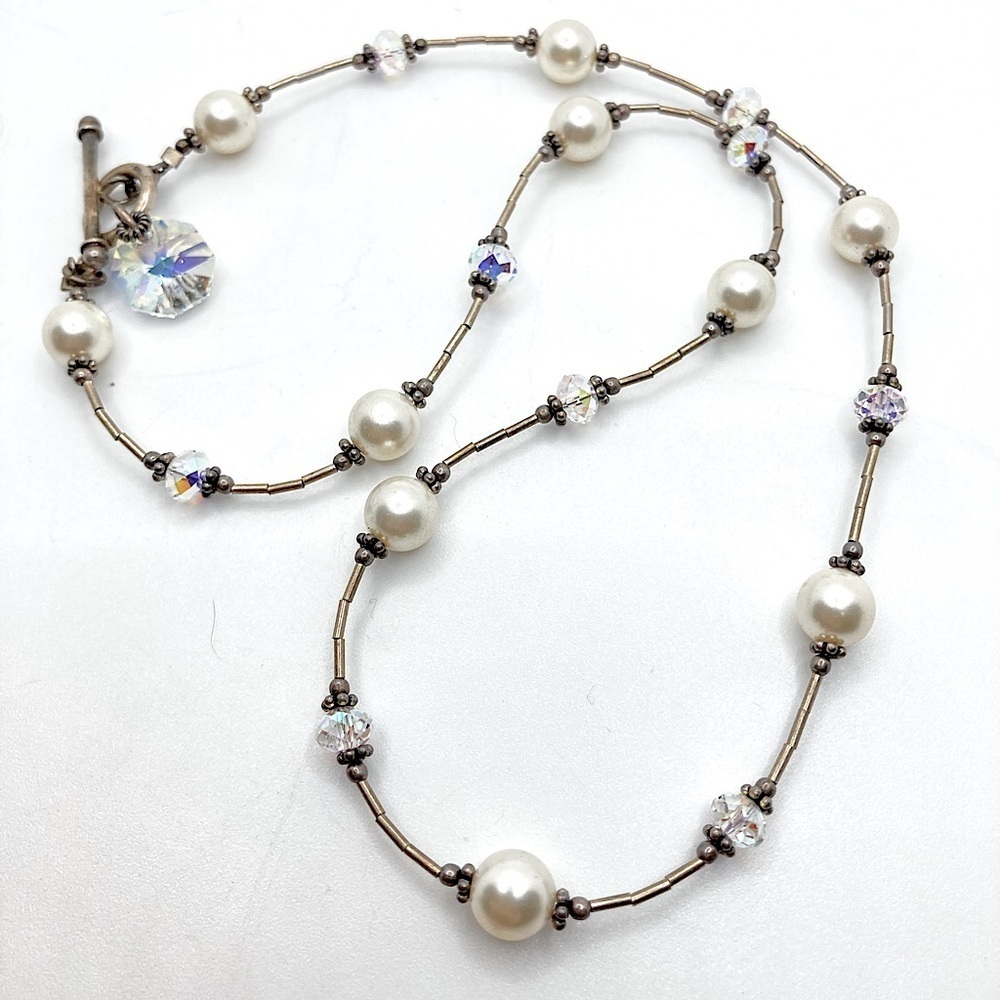 𝅺vtg Sterling Pearl & Aurora Crystal Heishi Tube Bead Necklace Toggle Clasp 18”